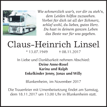 Traueranzeige von Claus-Heinrich Linsel von Mitteldeutsche Zeitung Sangerhausen