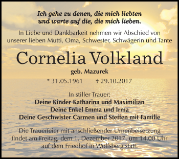 Traueranzeige von Cornelia Volkland von Mitteldeutsche Zeitung Sangerhausen