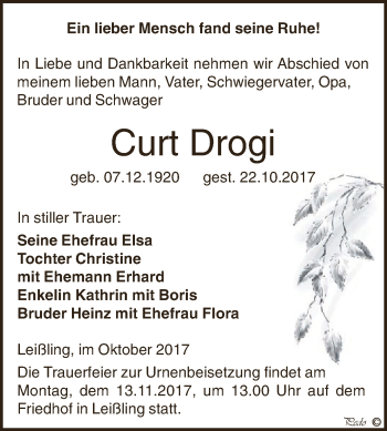 Traueranzeige von Curt Drogi von WVG - Wochenspiegel NMB / WSF / ZTZ