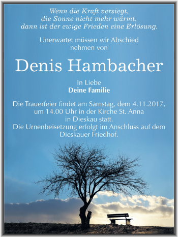 Traueranzeige von Denis Hambacher von Mitteldeutsche Zeitung Halle/Saalkreis
