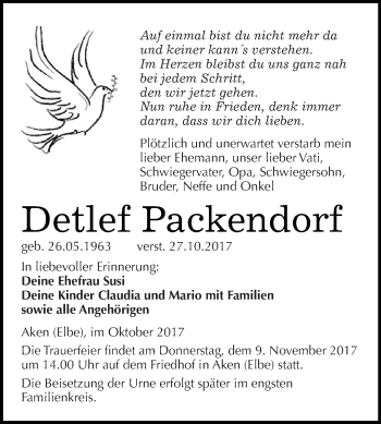 Traueranzeige von Detlef Packendorf von WVG - Wochenspiegel Dessau / Köthen