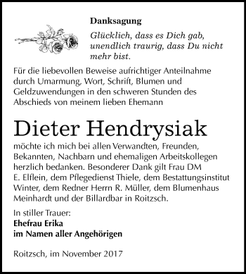 Traueranzeige von Dieter Hendrysiak von Mitteldeutsche Zeitung Bitterfeld
