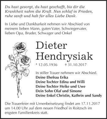 Traueranzeige von Dieter Hendrysiak von WVG - Wochenspiegel Bitterfeld