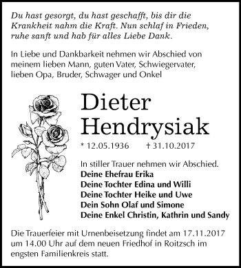 Traueranzeige von Dieter Hendrysiak von Mitteldeutsche Zeitung Bitterfeld