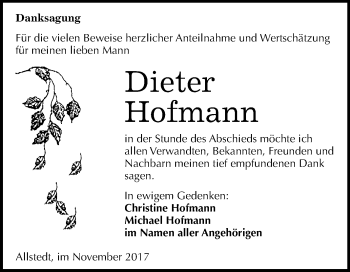 Traueranzeige von Dieter Hofmann von Mitteldeutsche Zeitung