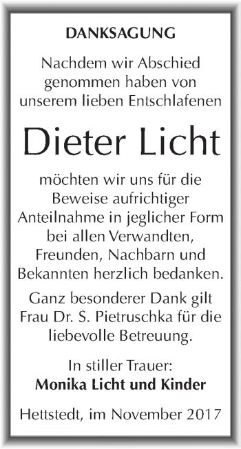 Traueranzeige von Dieter Licht von Wochenspiegel Mansfelder Land