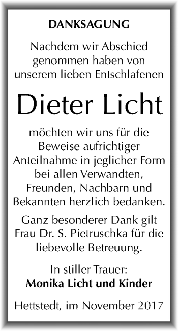 Traueranzeige von Dieter Licht von Mitteldeutsche Zeitung