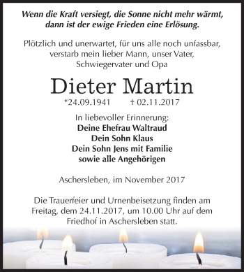 Traueranzeige von Dieter Martin von Mitteldeutsche Zeitung Aschersleben