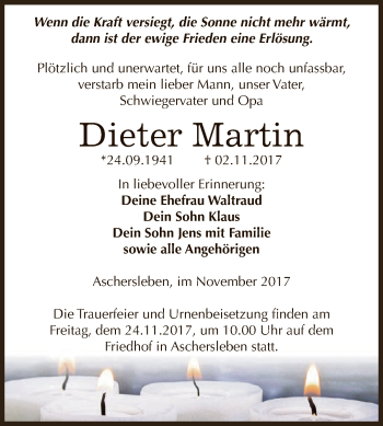 Traueranzeige von Dieter Martin von Super Sonntag Aschersleben