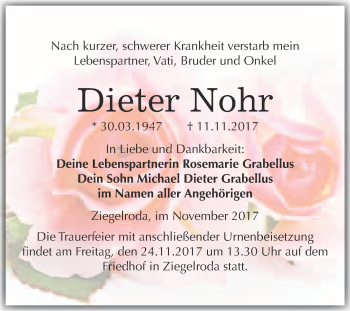 Traueranzeige von Dieter Nohr von WVG - Wochenspiegel Merseburg