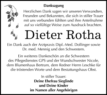 Traueranzeige von Dieter Rotha von WVG - Wochenspiegel Merseburg