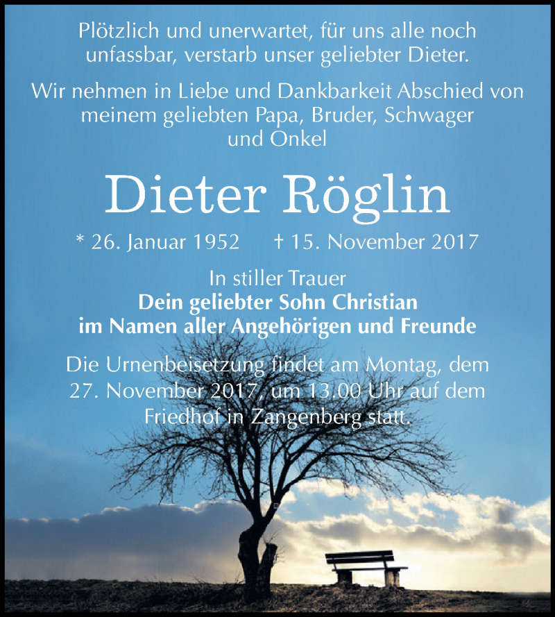  Traueranzeige für Dieter Röglin vom 25.11.2017 aus Super Sonntag Zeitz