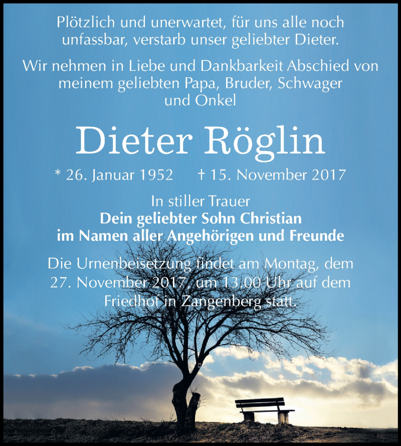  Traueranzeige für Dieter Röglin vom 25.11.2017 aus Mitteldeutsche Zeitung