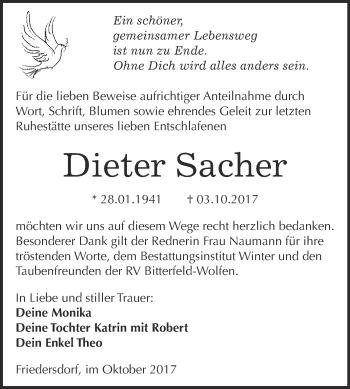 Traueranzeige von Dieter Sacher von WVG - Wochenspiegel Bitterfeld