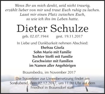 Traueranzeige von Dieter Schulze von WVG - Wochenspiegel Merseburg