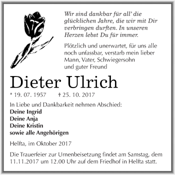 Traueranzeige von Dieter Ulrich von Wochenspiegel Mansfelder Land