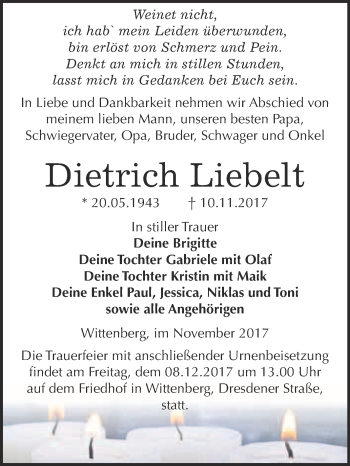 Traueranzeige von Dietrich Liebelt von WVG - Wochenspiegel Wittenberg