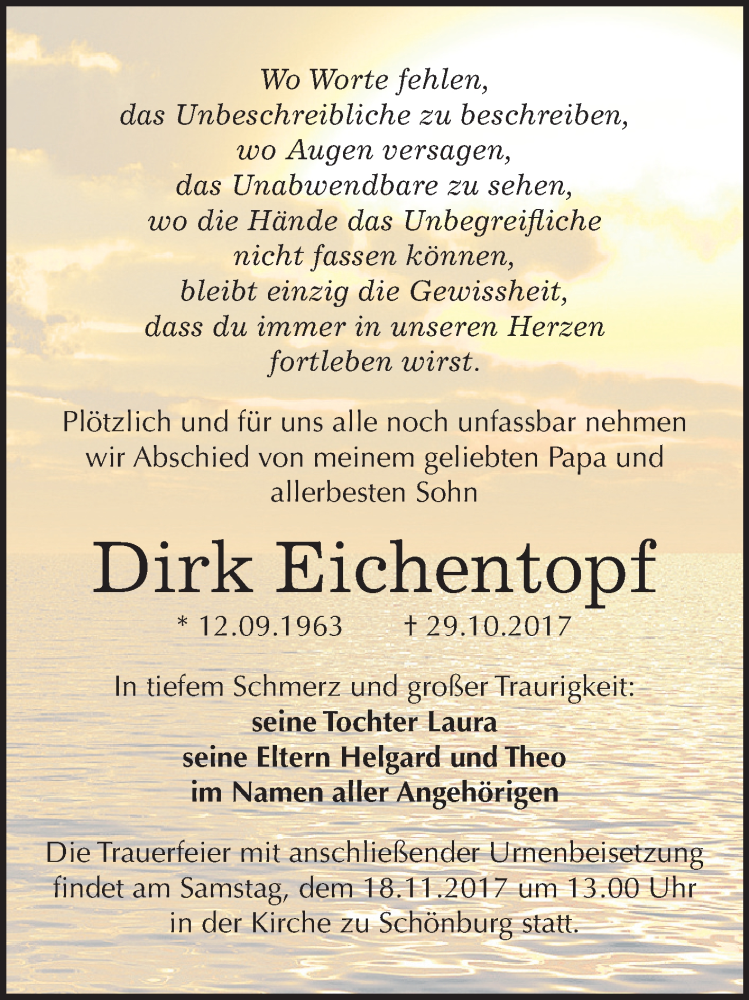  Traueranzeige für Dirk Eichentopf vom 04.11.2017 aus Mitteldeutsche Zeitung