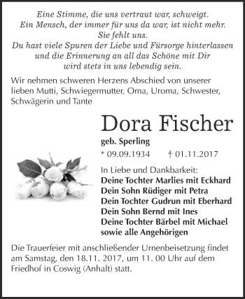 Traueranzeige von Dora Fischer von Super Sonntag Wittenberg
