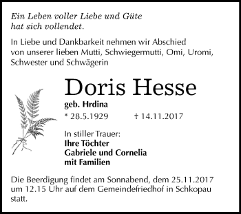Traueranzeige von Doris Hesse von Mitteldeutsche Zeitung Merseburg/Querfurt