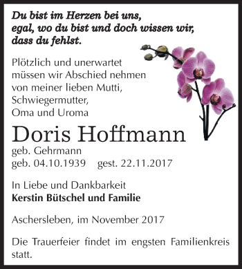 Traueranzeige von Doris Hoffmann von Mitteldeutsche Zeitung Aschersleben