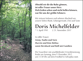 Traueranzeige von Doris Michelfelder von Mitteldeutsche Zeitung