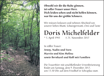 Traueranzeige von Doris Michelfelder von WVG - Wochenspiegel Merseburg