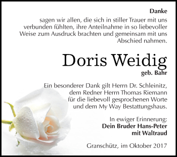 Traueranzeige von Doris Weidig von WVG - Wochenspiegel NMB / WSF / ZTZ