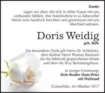 Traueranzeige von Doris Weidig von Mitteldeutsche Zeitung Weißenfels