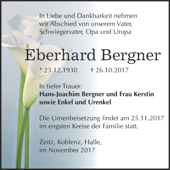 Traueranzeige von Eberhard Bergner von Super Sonntag Zeitz