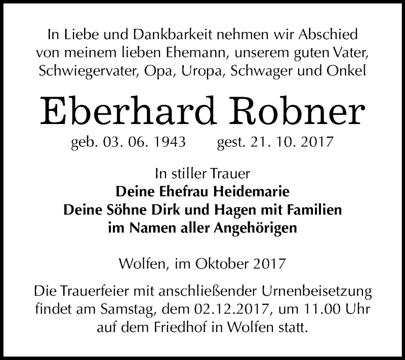  Traueranzeige für Eberhard Robner vom 25.11.2017 aus Mitteldeutsche Zeitung Bitterfeld