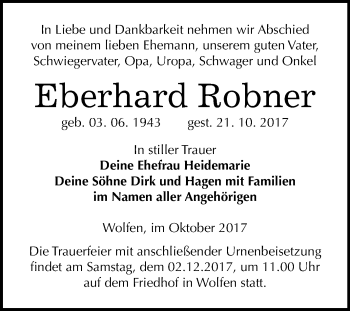 Traueranzeige von Eberhard Robner von Mitteldeutsche Zeitung Bitterfeld