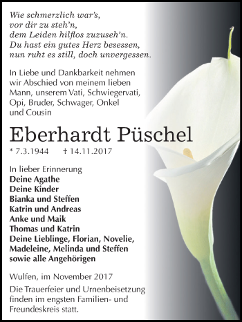 Traueranzeige von Eberhardt Püschel von WVG - Wochenspiegel Dessau / Köthen