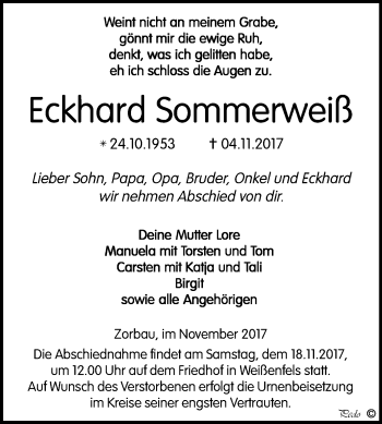 Traueranzeige von Eckhard Sommerweiß von Mitteldeutsche Zeitung Weißenfels