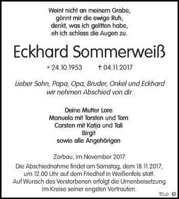 Traueranzeige von Eckhard Sommerweiß von WVG - Wochenspiegel NMB / WSF / ZTZ