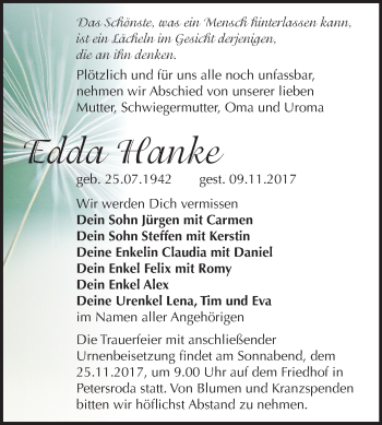 Traueranzeige von Edda Hanke von Mitteldeutsche Zeitung Bitterfeld