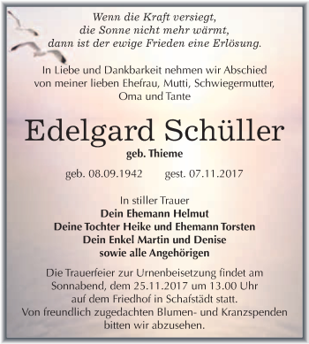 Traueranzeige von Edelgard Schüller von WVG - Wochenspiegel Merseburg