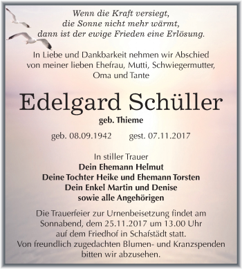 Traueranzeige von Edelgard Schüller von Mitteldeutsche Zeitung Merseburg/Querfurt