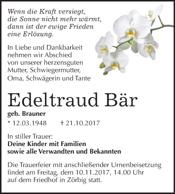 Traueranzeige von Edeltraud Bär von Mitteldeutsche Zeitung Bitterfeld