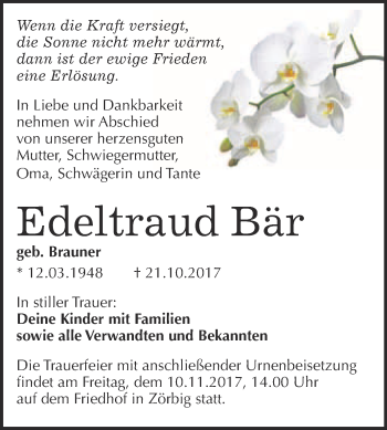 Traueranzeige von Edeltraud Bär von WVG - Wochenspiegel Bitterfeld