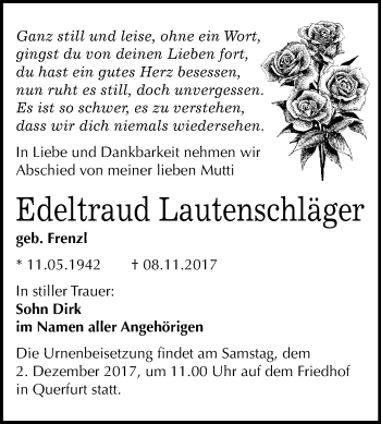 Traueranzeige von Edeltraud Lautenschläger von Mitteldeutsche Zeitung Merseburg/Querfurt