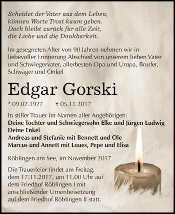 Traueranzeige von Edgar Gorski von Super Sonntag SGH Mansf. Land