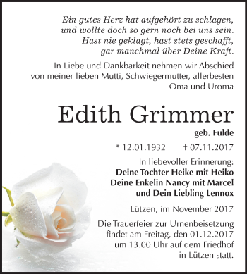 Traueranzeige von Edith Grimmer von Mitteldeutsche Zeitung Weißenfels