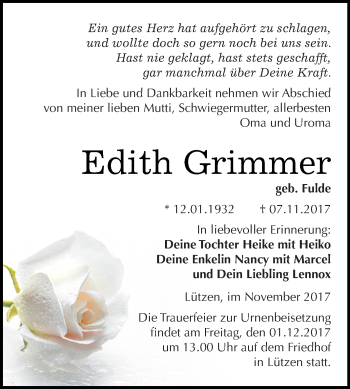 Traueranzeige von Edith Grimmer von Super Sonntag Merseburg