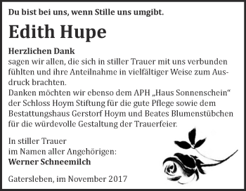 Traueranzeige von Edith Hupe von Super Sonntag Aschersleben