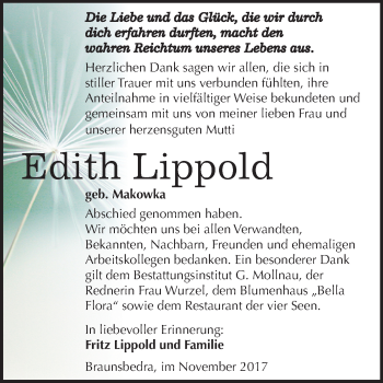 Traueranzeige von Edith Lippold von Mitteldeutsche Zeitung Merseburg/Querfurt