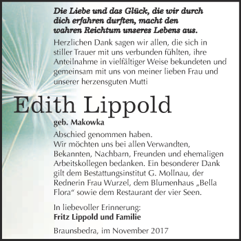 Traueranzeige von Edith Lippold von WVG - Wochenspiegel Merseburg