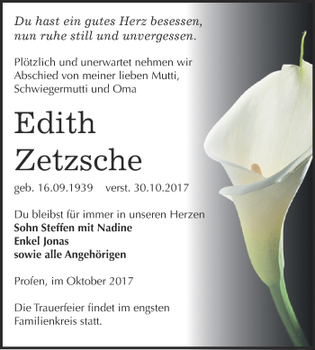 Traueranzeige von Edith Zetzsche von Super Sonntag Zeitz