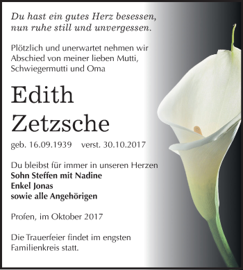 Traueranzeige von Edith Zetzsche von Mitteldeutsche Zeitung Zeitz
