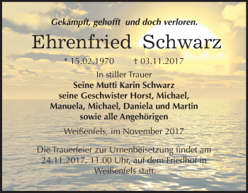 Traueranzeige von Ehrenfried Schwarz von Mitteldeutsche Zeitung Weißenfels